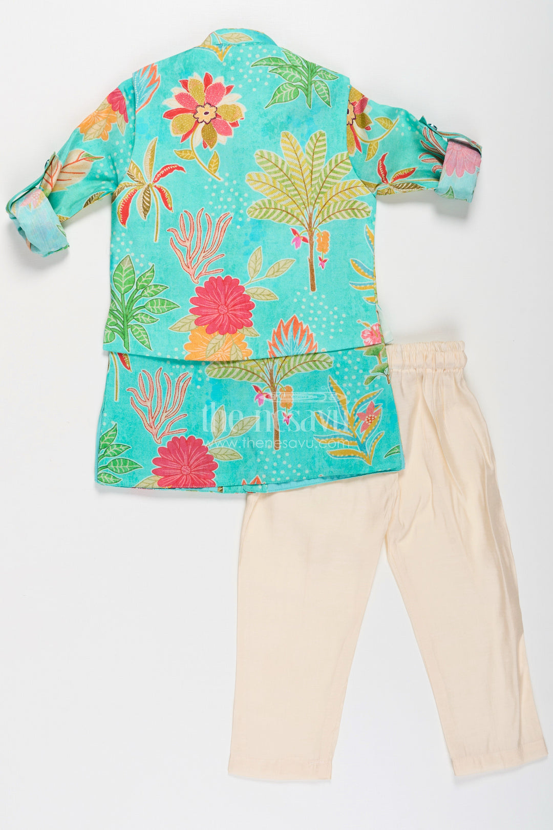 Boys Kurta Jacket Set in Digital Printed Muslin Silk with Vibrant Floral Designs and Cream Pants