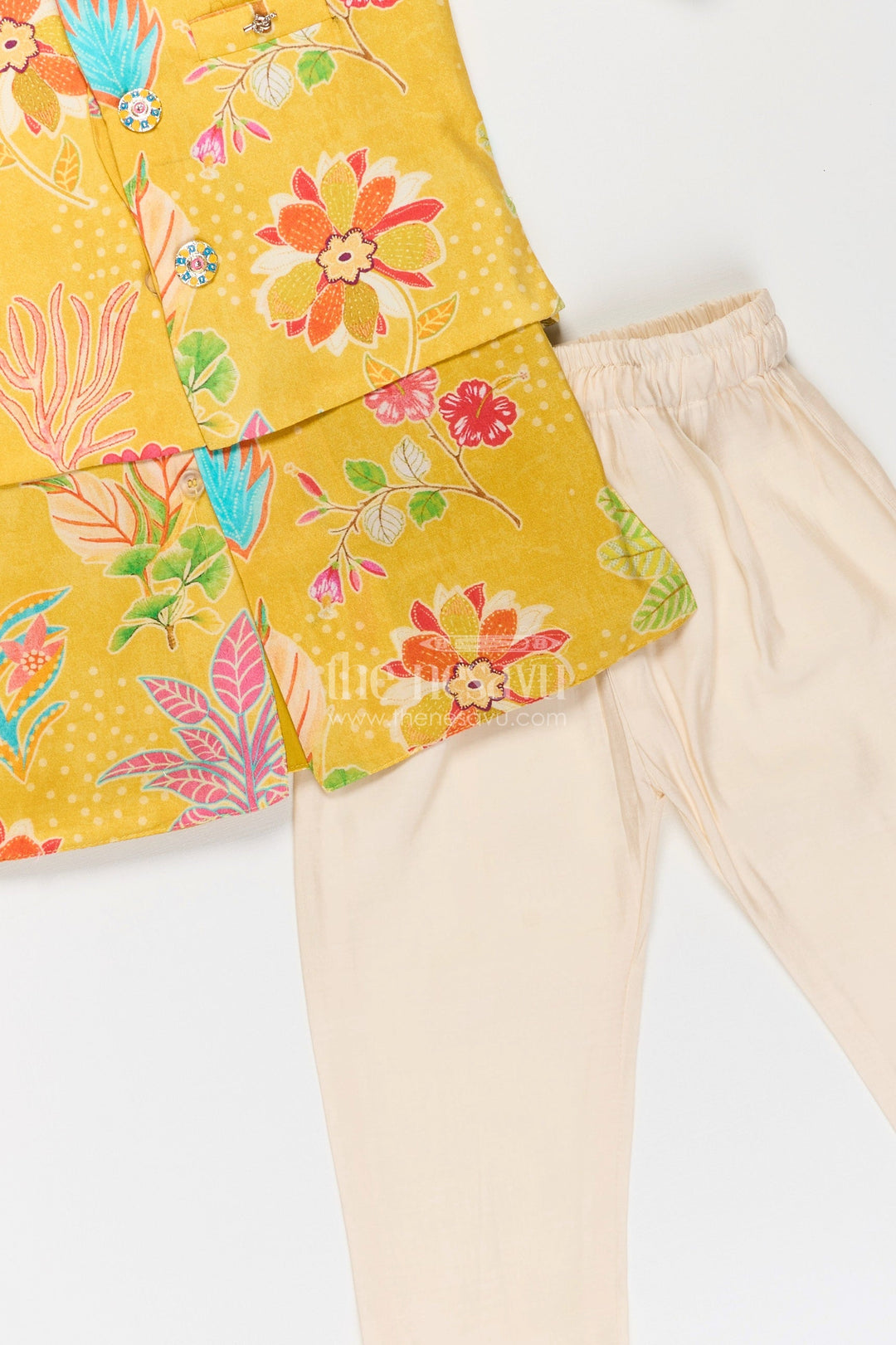 Boys Yellow Kurta with Jacket in Digital Printed Muslin Silk Featuring Vibrant Floral Detailing
