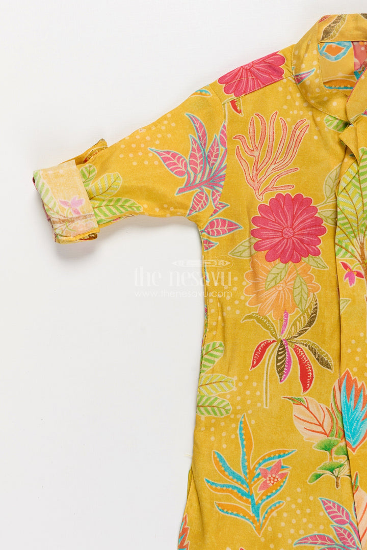Boys Yellow Kurta with Jacket in Digital Printed Muslin Silk Featuring Vibrant Floral Detailing