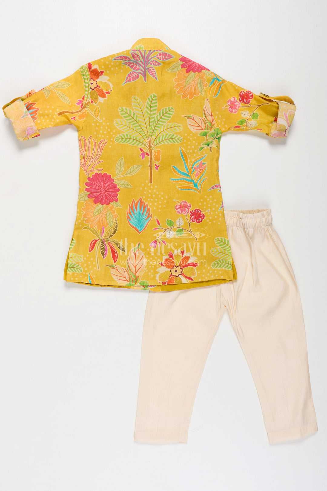 Boys Yellow Kurta with Jacket in Digital Printed Muslin Silk Featuring Vibrant Floral Detailing