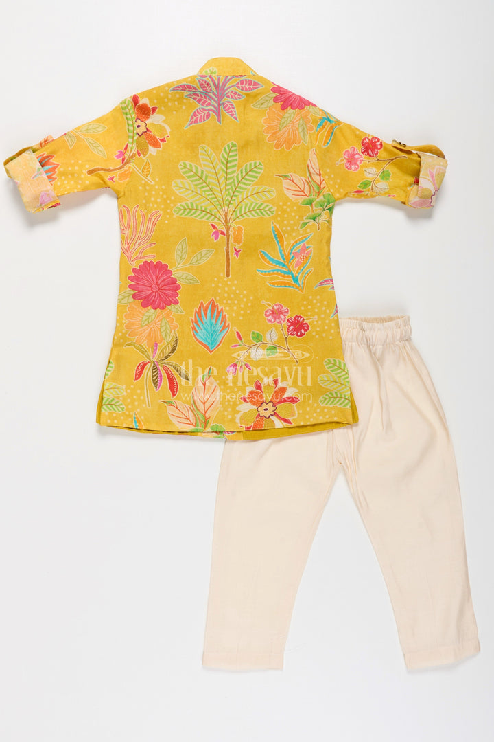 Boys Yellow Kurta with Jacket in Digital Printed Muslin Silk Featuring Vibrant Floral Detailing