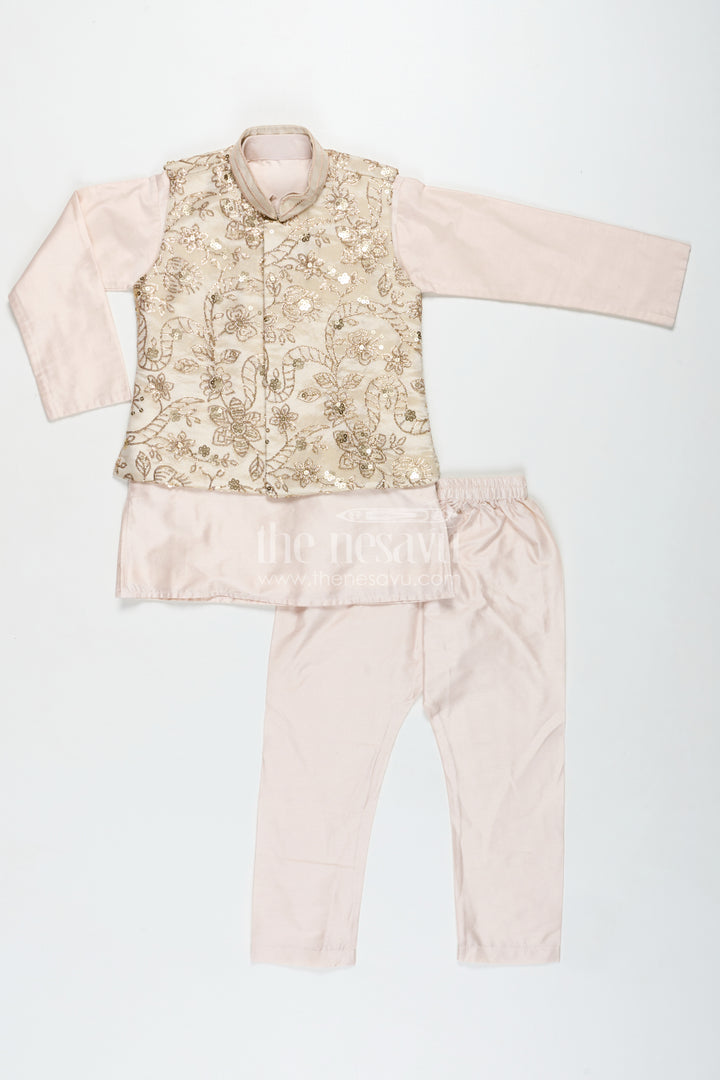 Boys Sherwani Jacket in Beige Viscose Blend with Sequin Embroidery and Coordinated Kurta Pants