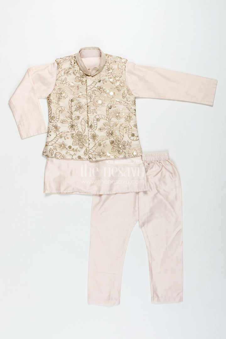 Boys Sherwani Jacket in Beige Viscose Blend with Sequin Embroidery and Coordinated Kurta Pants