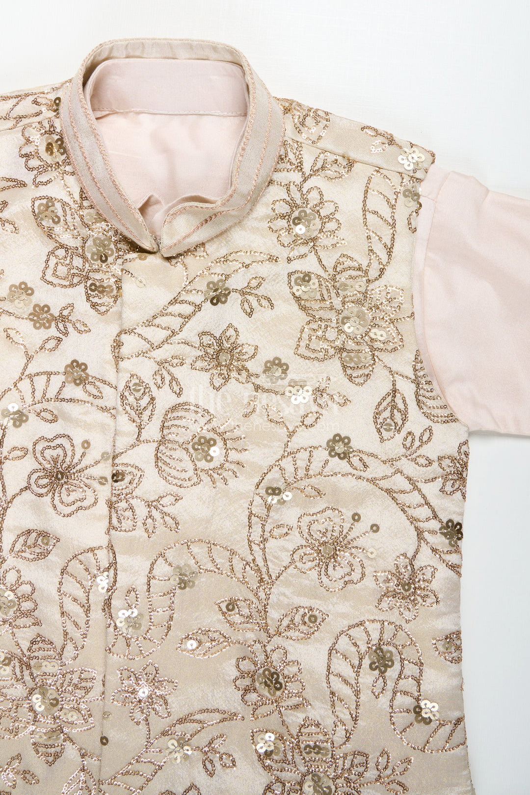 Boys Sherwani Jacket in Beige Viscose Blend with Sequin Embroidery and Coordinated Kurta Pants