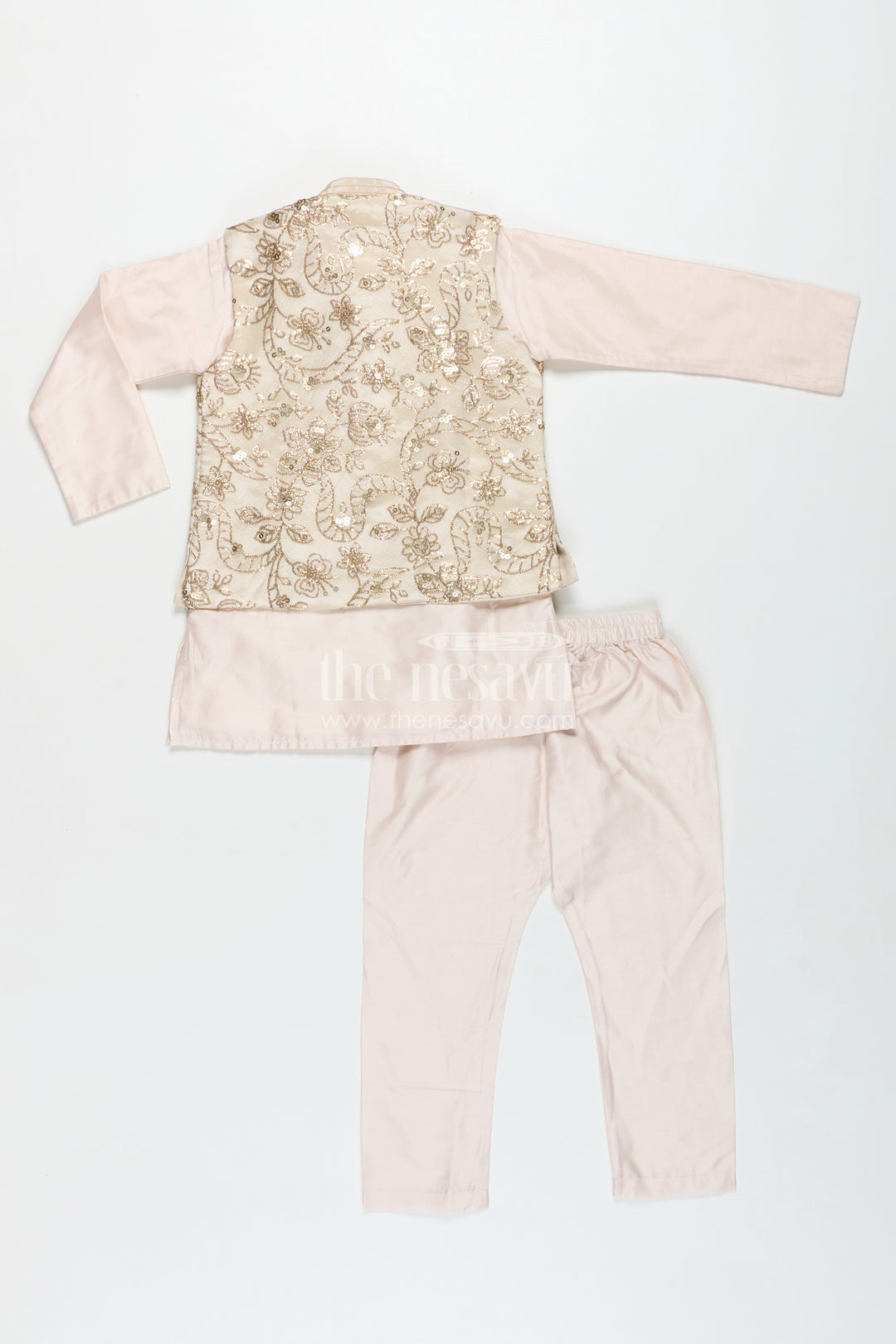 Boys Sherwani Jacket in Beige Viscose Blend with Sequin Embroidery and Coordinated Kurta Pants