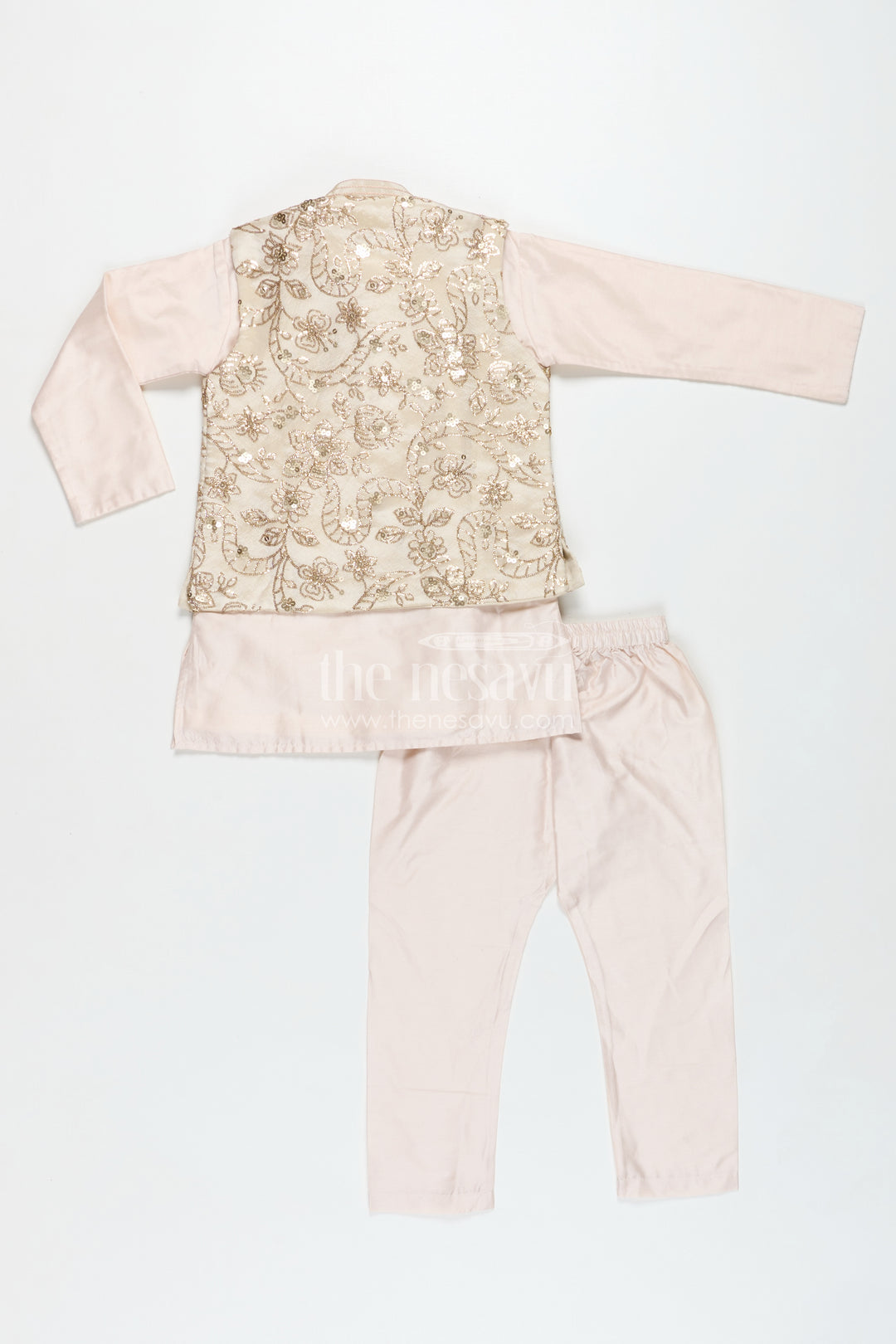 Boys Sherwani Jacket in Beige Viscose Blend with Sequin Embroidery and Coordinated Kurta Pants