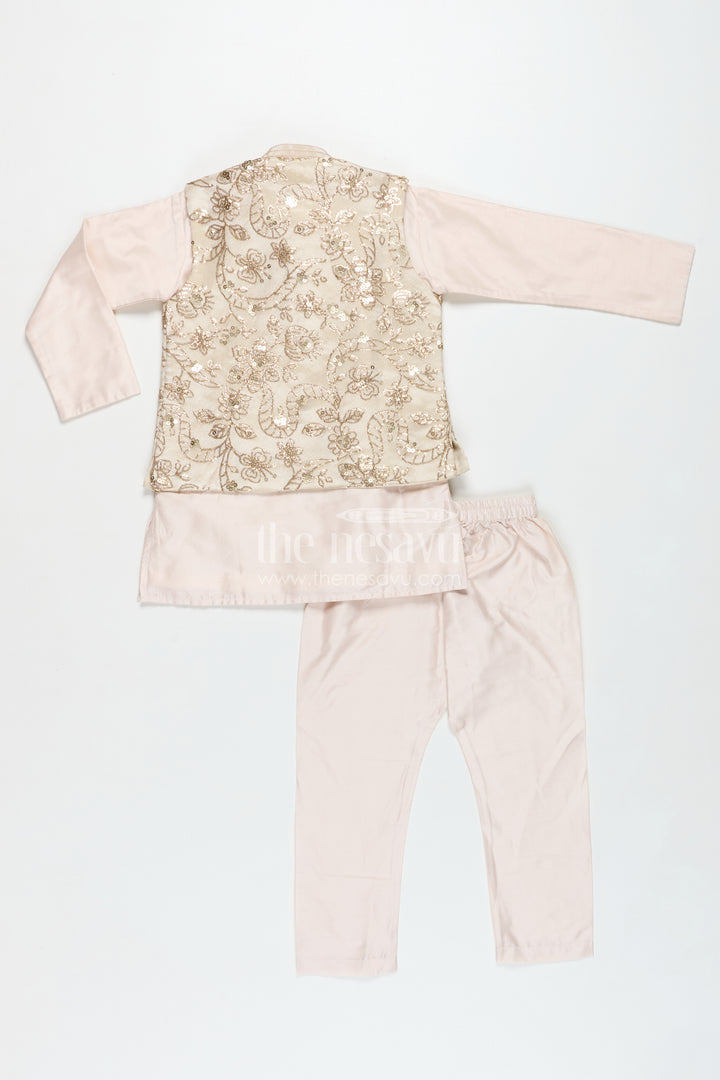 Boys Sherwani Jacket in Beige Viscose Blend with Sequin Embroidery and Coordinated Kurta Pants