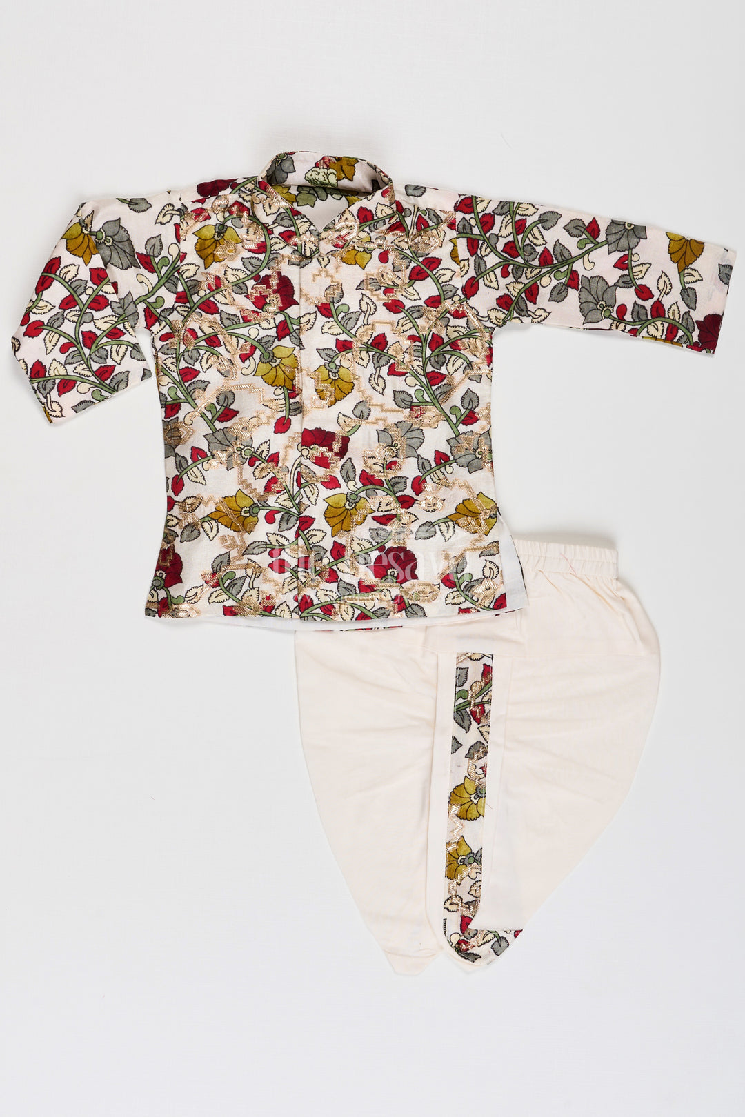 Boys Bacchon Ke Dhoti Set with Printed Silk Jacquard Kurta and Ivory Dhoti for Festive Looks