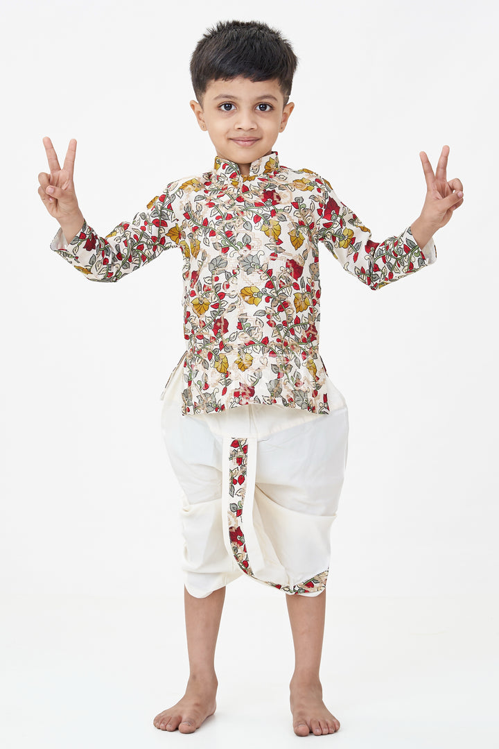 Boys Bacchon Ke Dhoti Set with Printed Silk Jacquard Kurta and Ivory Dhoti for Festive Looks