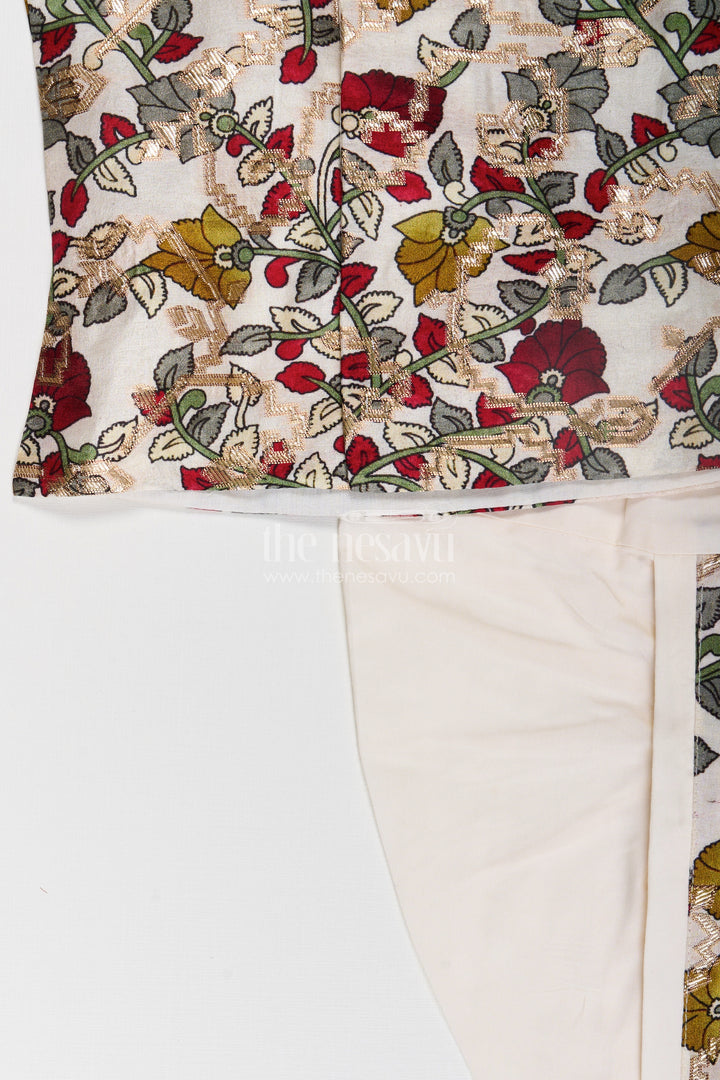 Boys Bacchon Ke Dhoti Set with Printed Silk Jacquard Kurta and Ivory Dhoti for Festive Looks
