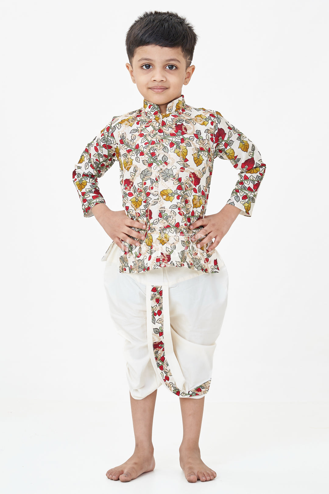 Boys Bacchon Ke Dhoti Set with Printed Silk Jacquard Kurta and Ivory Dhoti for Festive Looks