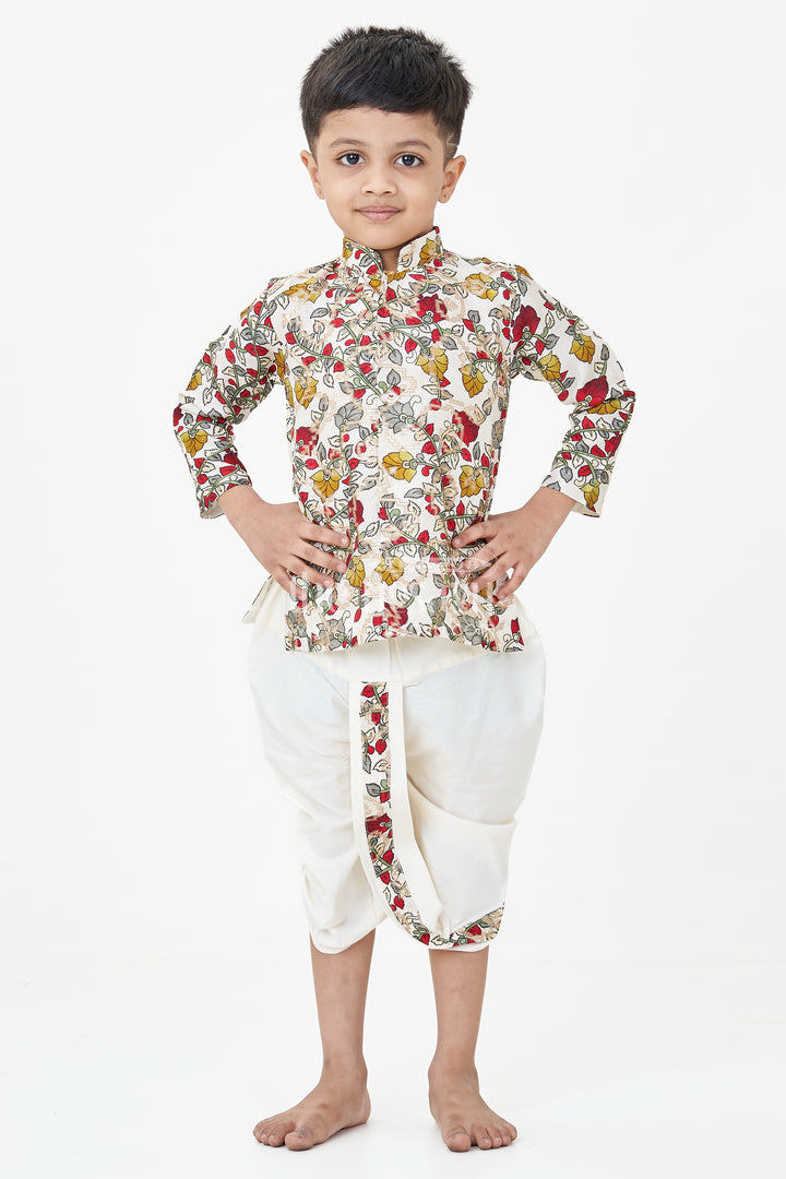 Boys Bacchon Ke Dhoti Set with Printed Silk Jacquard Kurta and Ivory Dhoti for Festive Looks