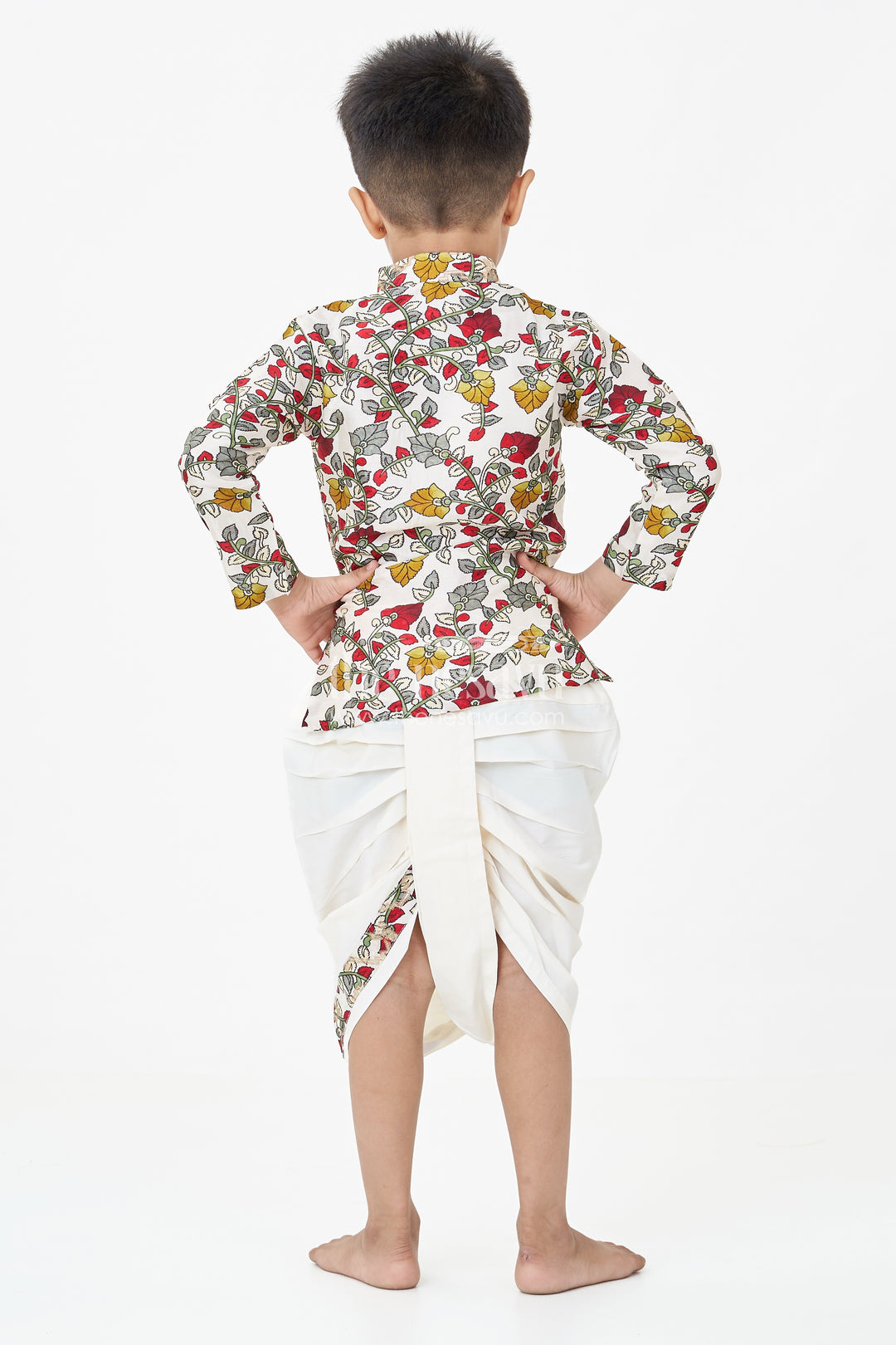 Boys Bacchon Ke Dhoti Set with Printed Silk Jacquard Kurta and Ivory Dhoti for Festive Looks