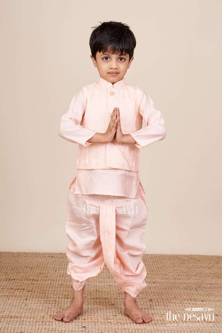 Baby Boy Peach Dhoti Set with Embroidered Silk Jacket for Naming and Festive Wear