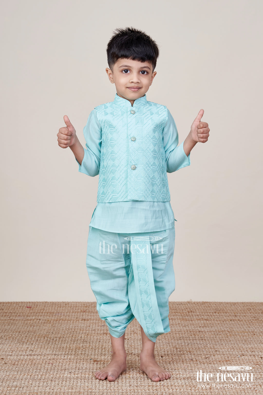 Baby Boy Blue Dhoti Set with Embroidered Jacket for Festive and Naming Day