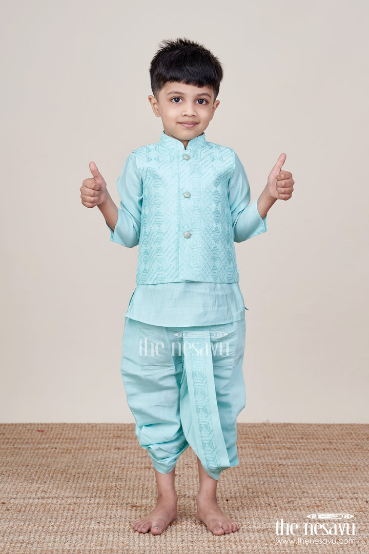Baby Boy Blue Dhoti Set with Embroidered Jacket for Festive and Naming Day