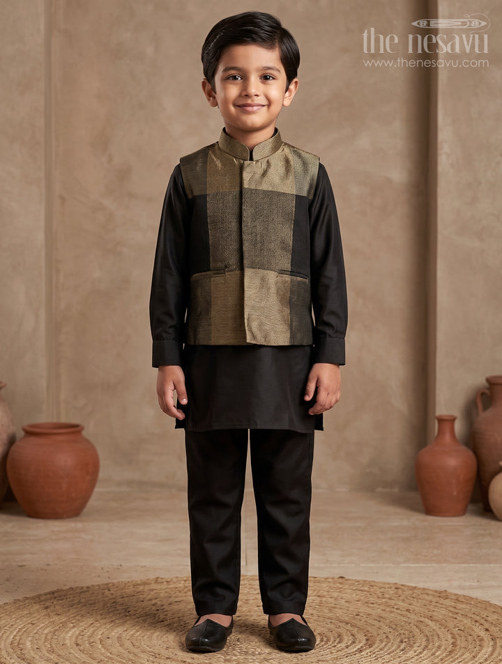 Boys Black and Gold Checkered Jacket Set for Evening Functions