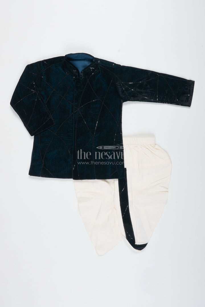 Boys Navy Velvet Dhoti Set With Embroidery For Festive Occasions