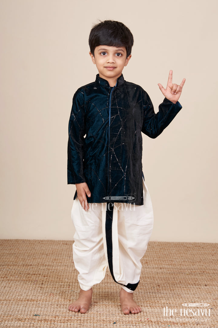 Boys Navy Velvet Dhoti Set with Embroidery for Festive Occasions