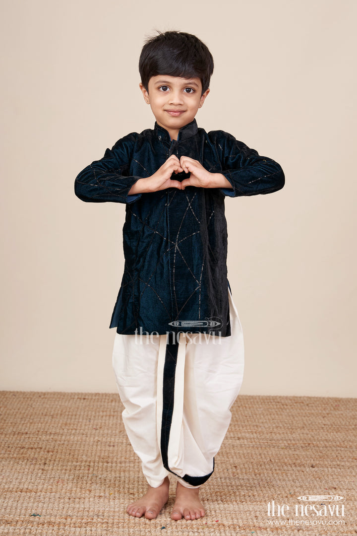 Boys Navy Velvet Dhoti Set with Embroidery for Festive Occasions