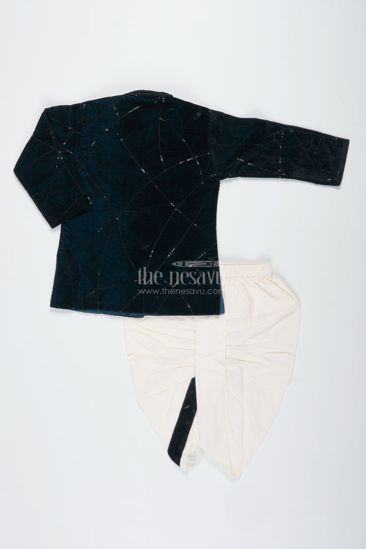 Boys Navy Velvet Dhoti Set With Embroidery For Festive Occasions