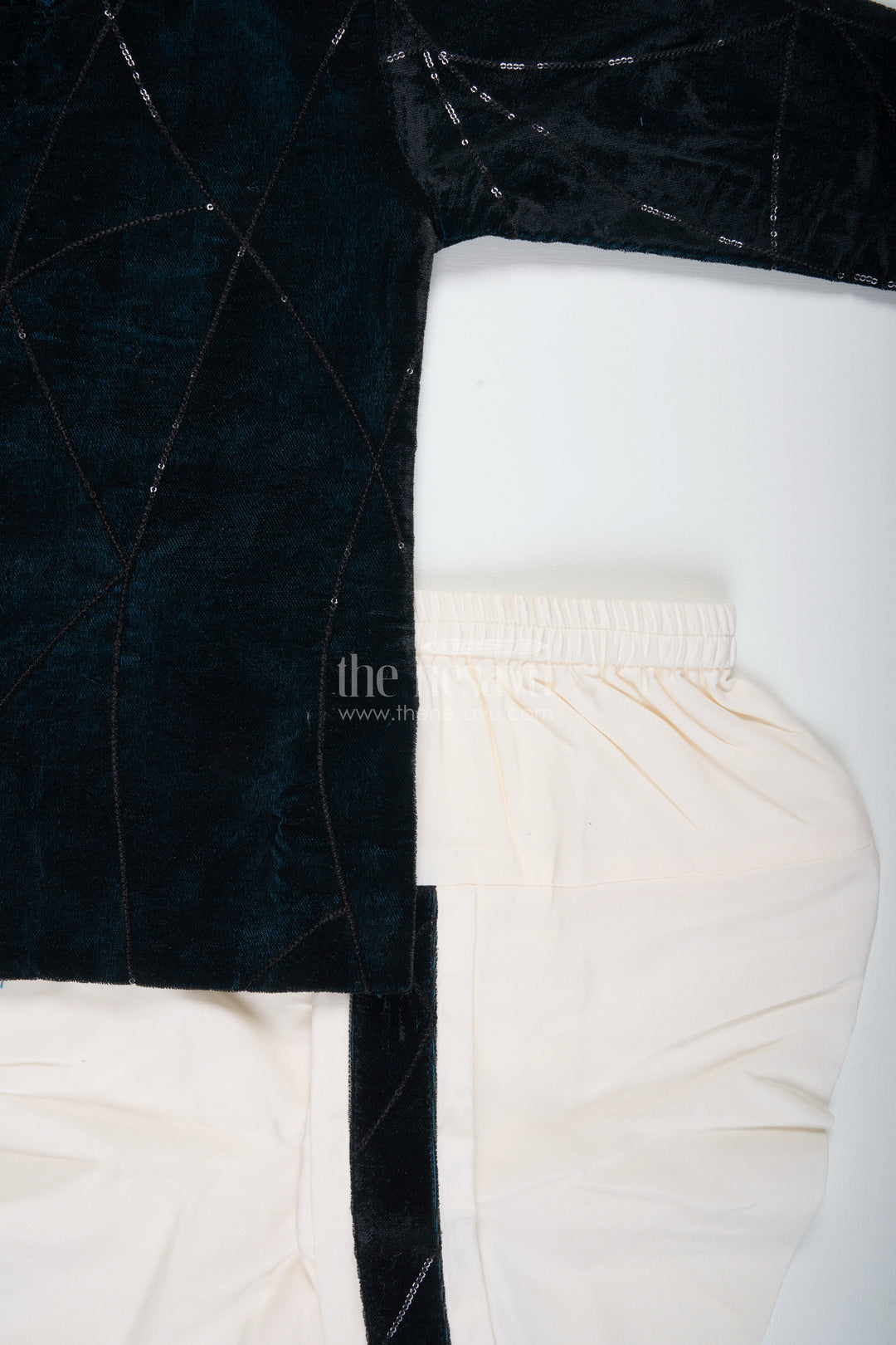 Boys Navy Velvet Dhoti Set With Embroidery For Festive Occasions