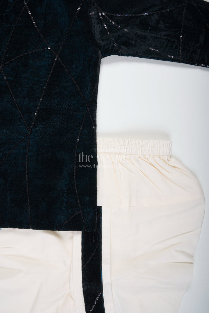 Boys Navy Velvet Dhoti Set With Embroidery For Festive Occasions