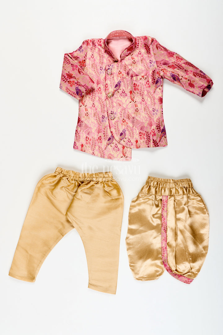 Boys kurta pajama set with bird print for cultural and temple wear