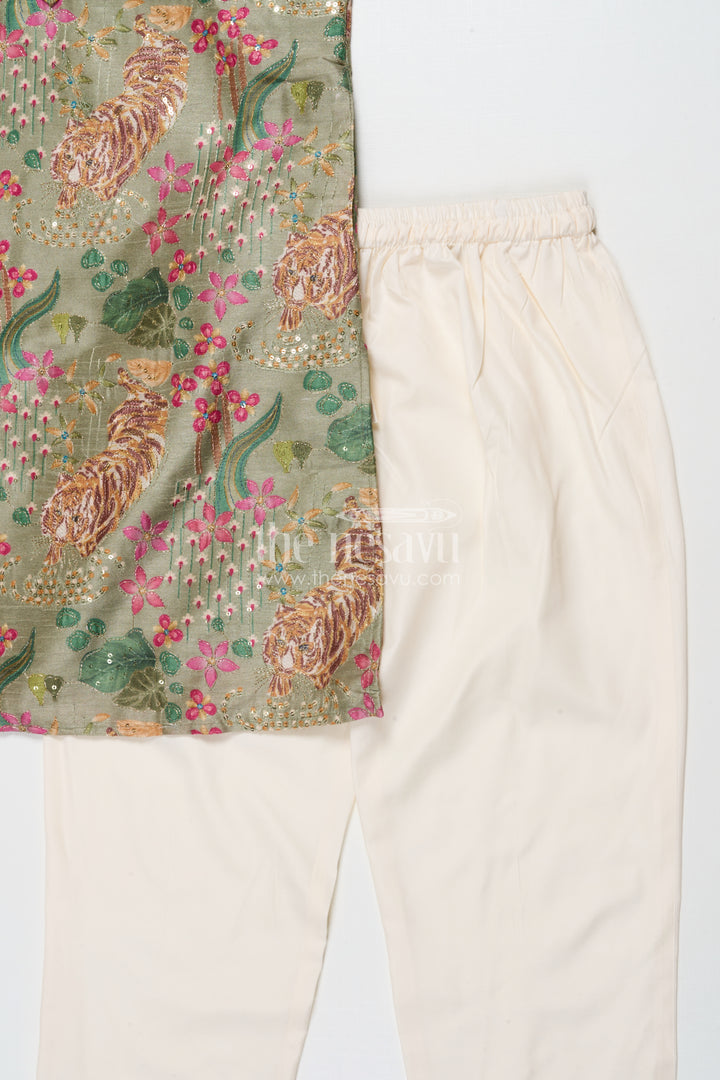 The Nesavu Boys Kurtha Set Boys Kurta Set for Traditional School Day and Festive Gatherings Nesavu Nesavu boys kurta set with silk blend digital print and sequence embroidery for festive school events