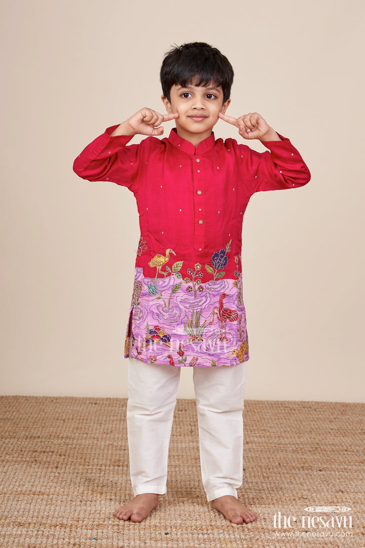 Embroidered Boys Kurta Set with Animal and Lotus Motifs for Cultural Events