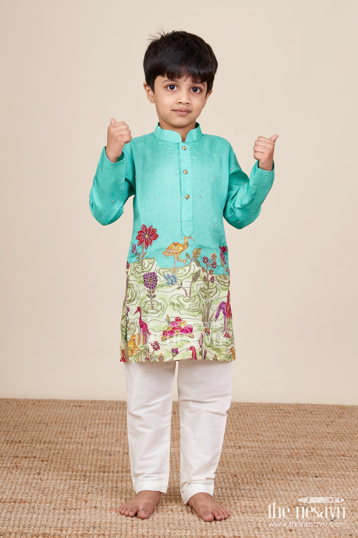 Nature-Themed Embroidered Kurta Pajama Set for Boys Ideal for Poojas and Festive Dressing