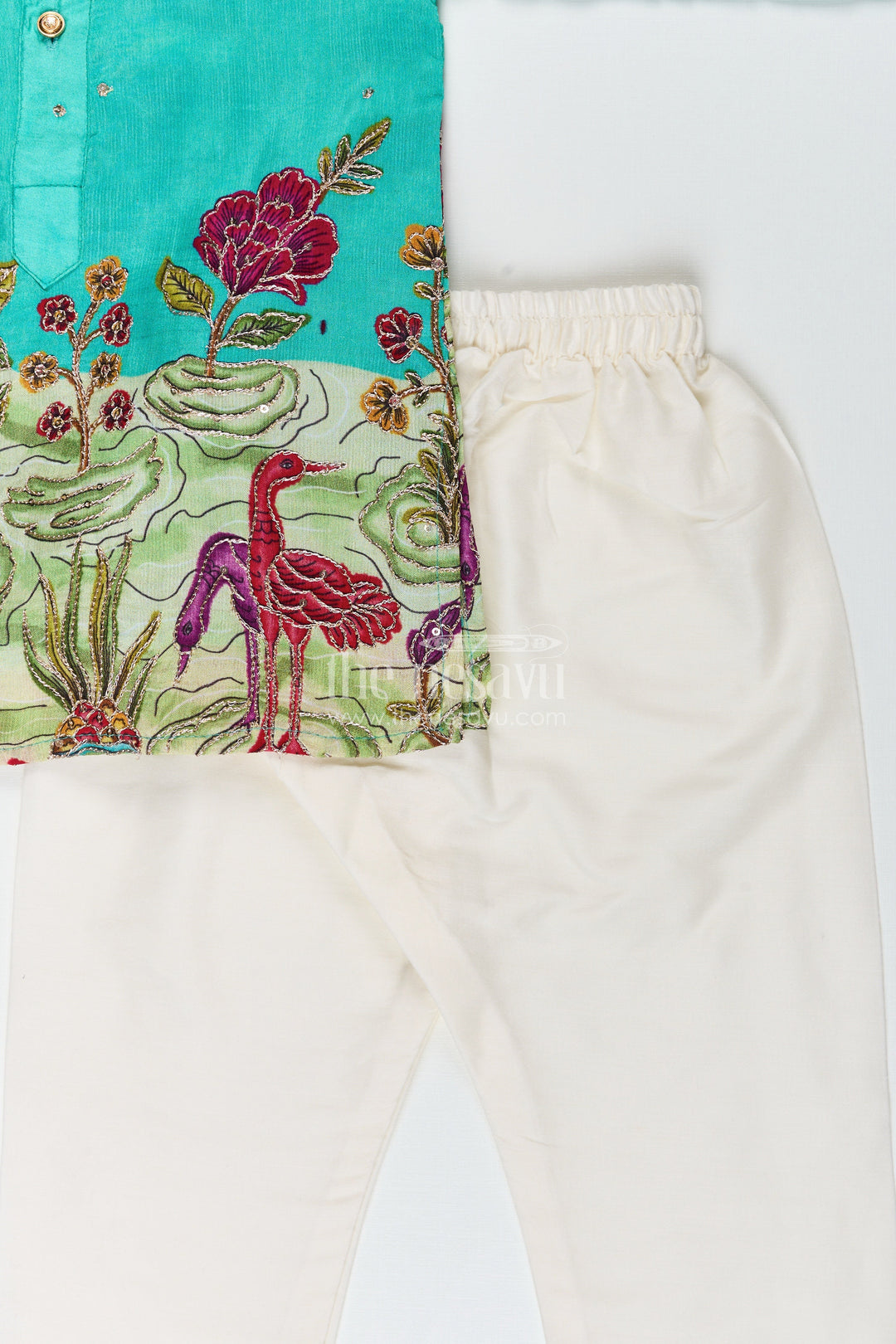 Nature-themed embroidered kurta pajama set for boys – ideal for poojas and festive dressing