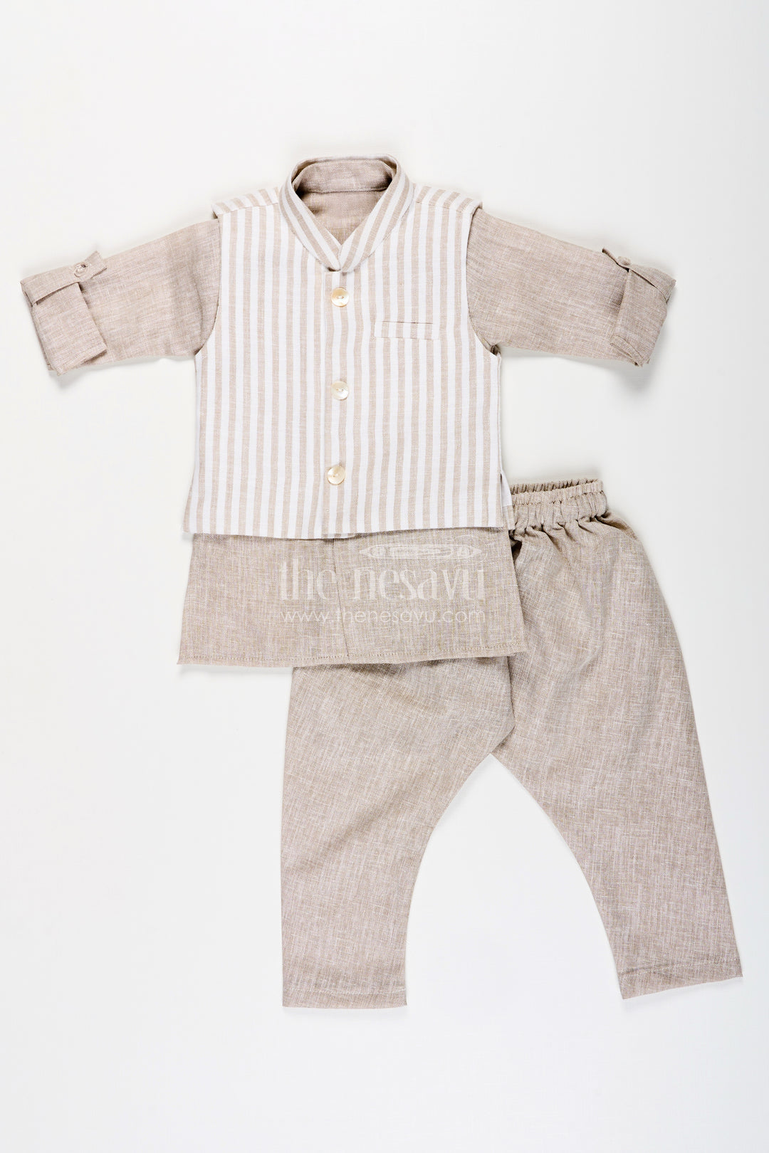 Boys festive jacket set with striped cotton Nehru jacket