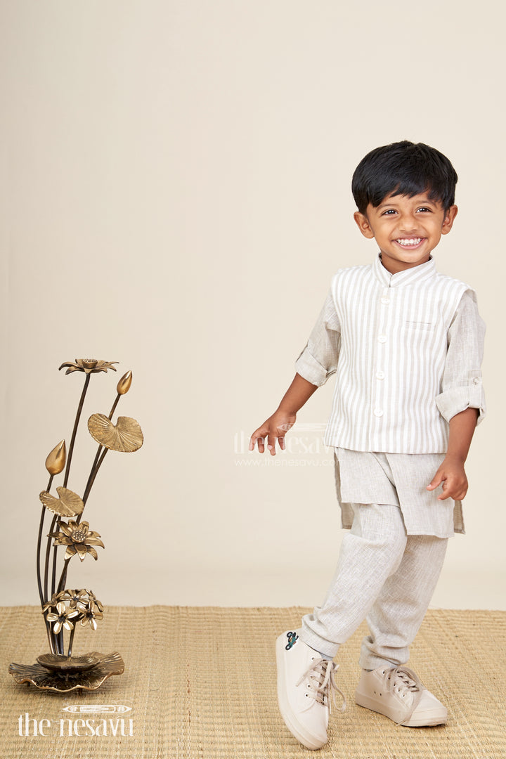 Boys festive jacket set with striped cotton Nehru jacket