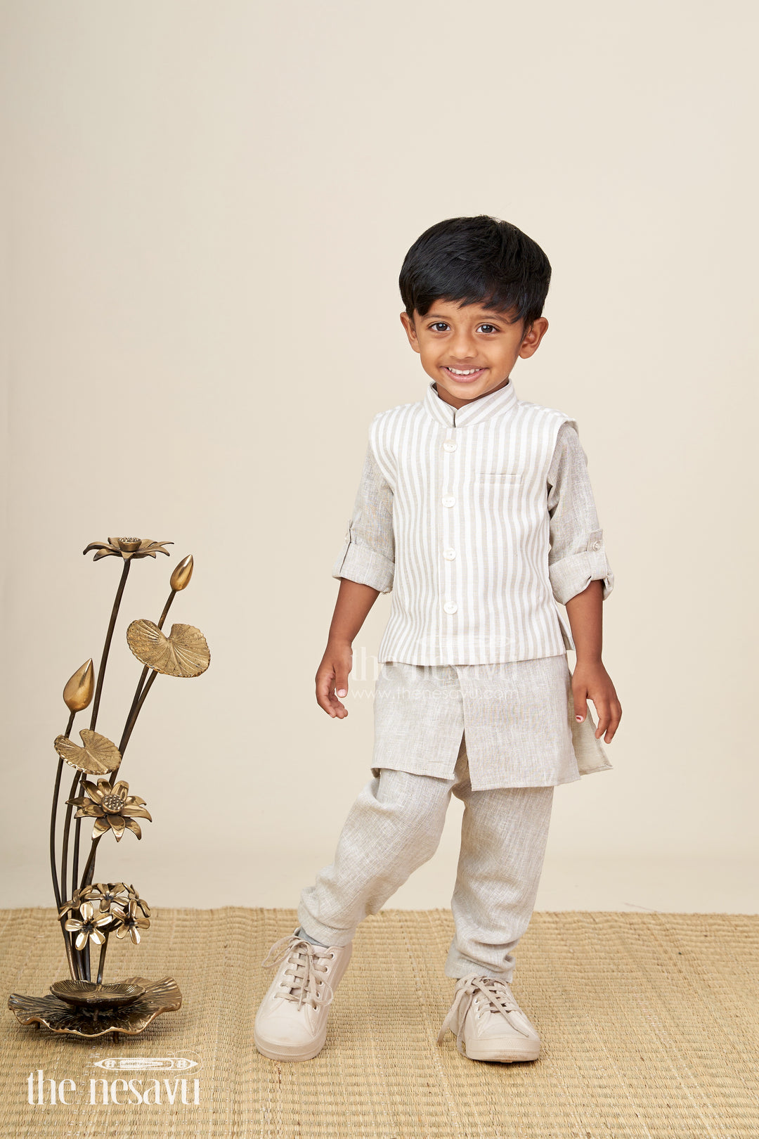Boys festive jacket set with striped cotton Nehru jacket