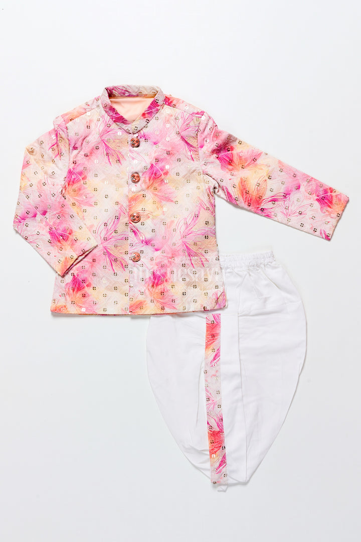 Toddler Boys Pink Printed Cotton Blend Dothi Set for Festive Occasions