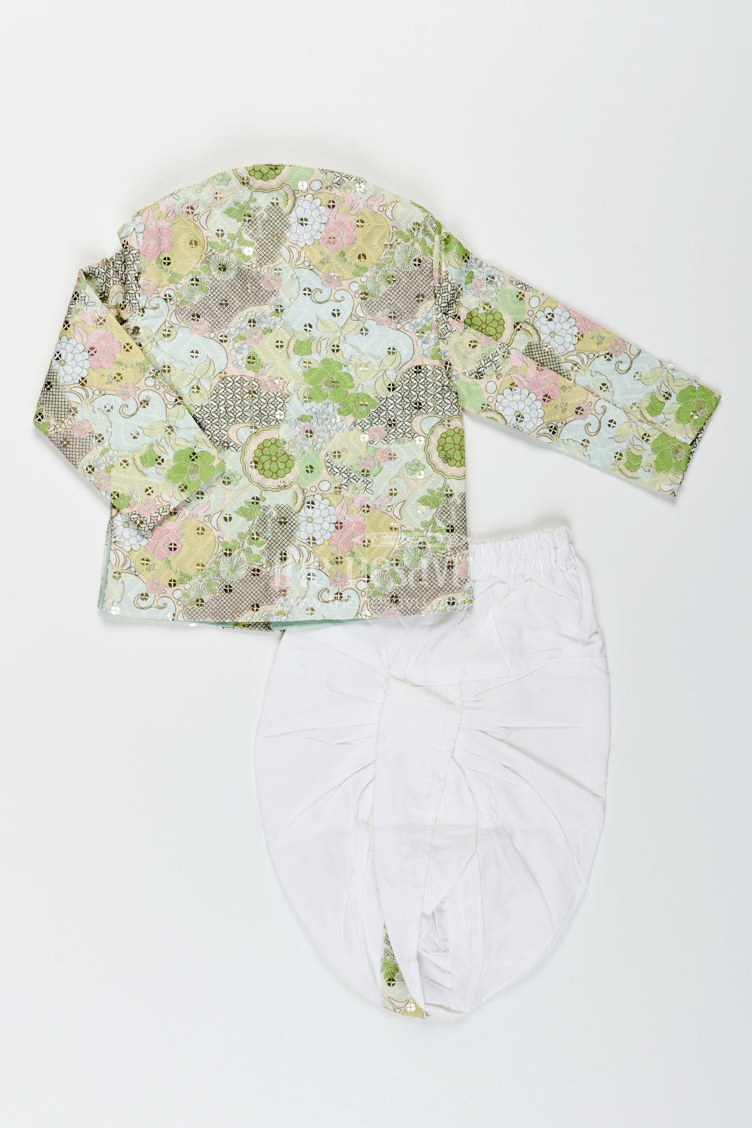 Toddler boys green printed cotton blend dothi set for weddings and temple visits
