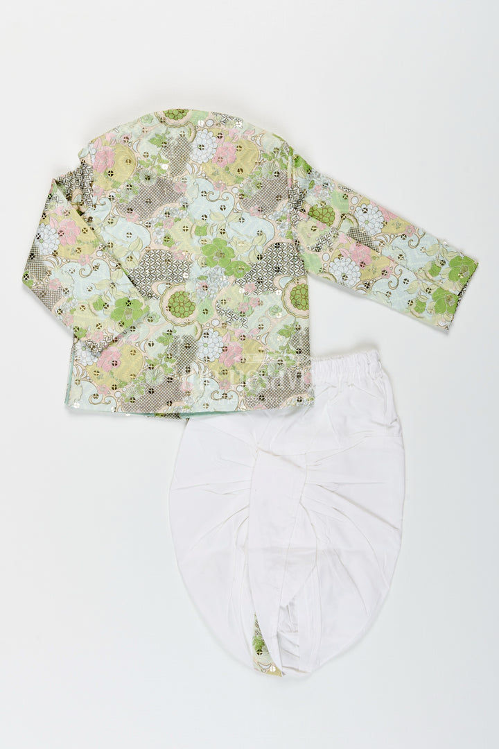 Toddler boys green printed cotton blend dothi set for weddings and temple visits