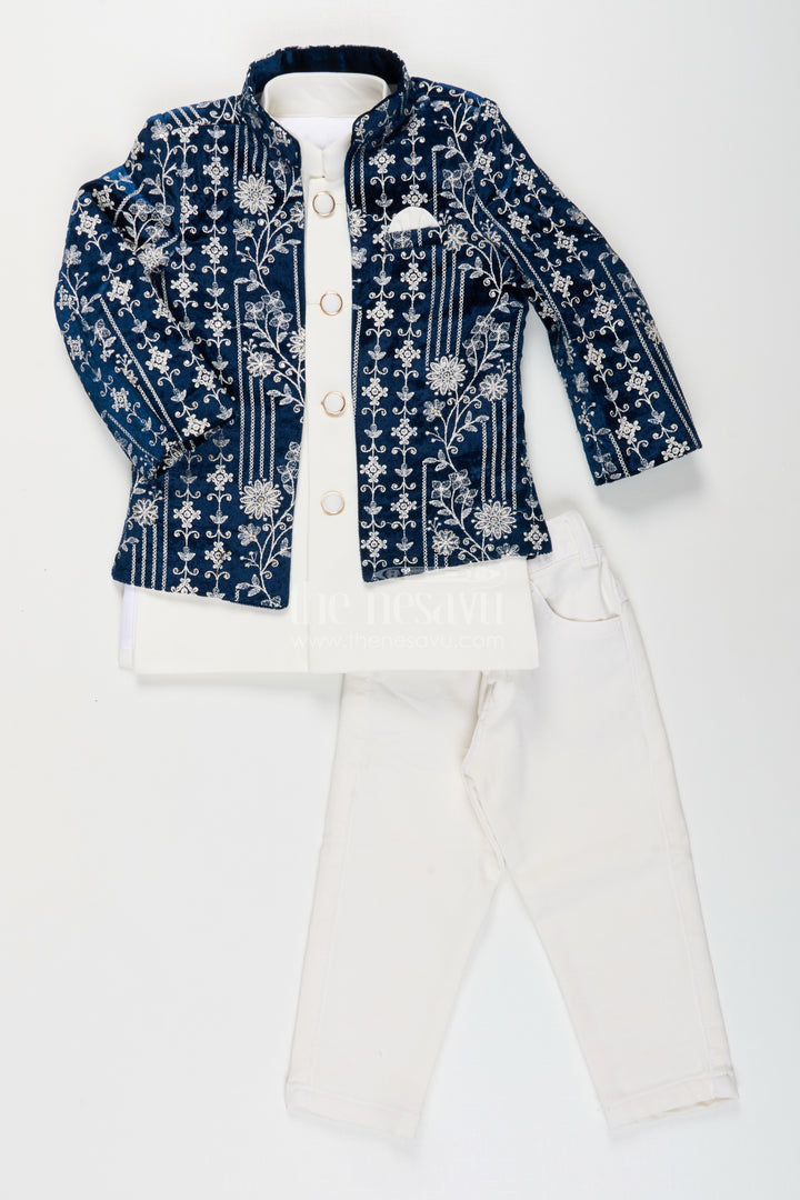 Boys navy jacket set with velvet floral embroidery and white kurta