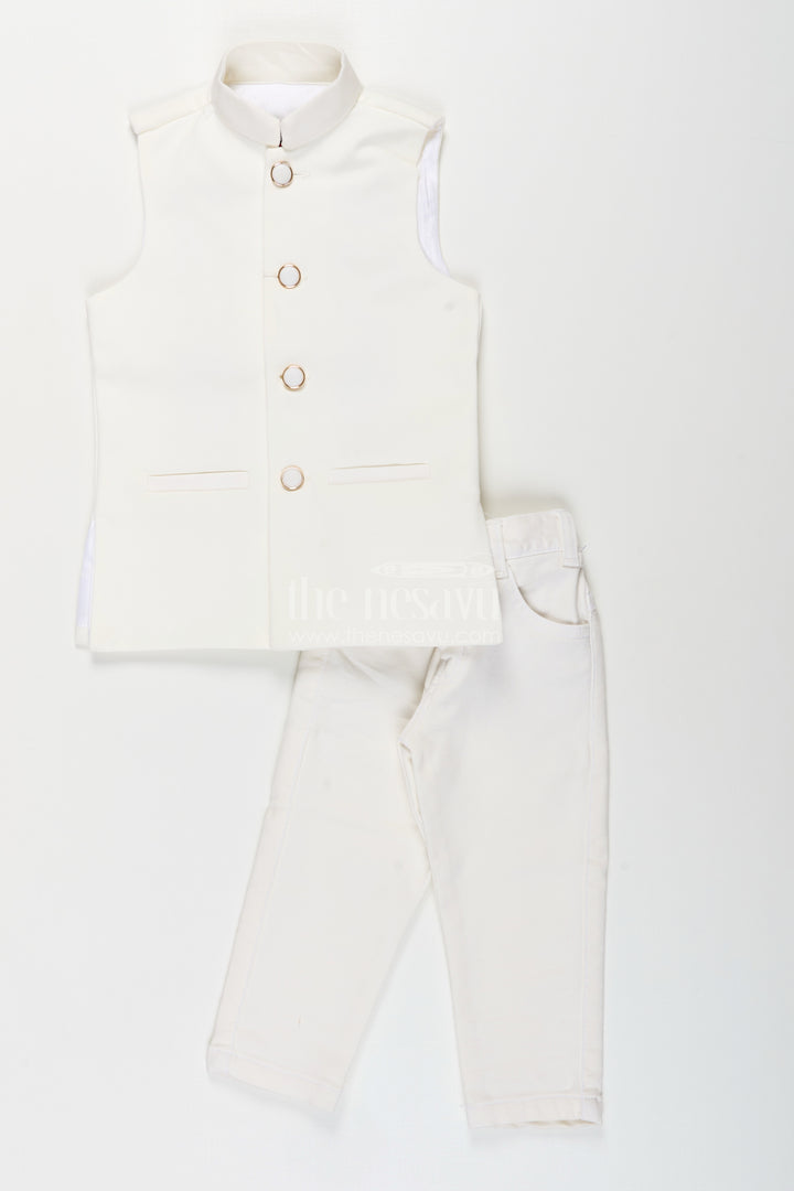 Boys navy jacket set with velvet floral embroidery and white kurta