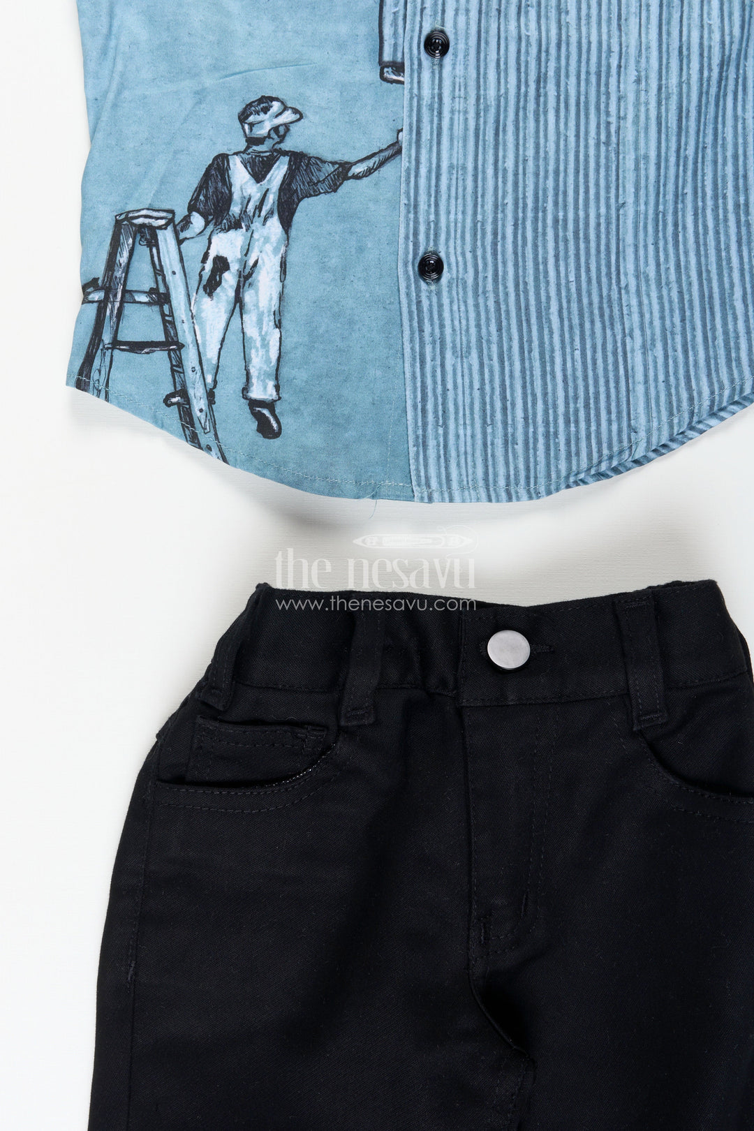 Boys printed cotton casual set with jeans-style trousers everyday smart wear