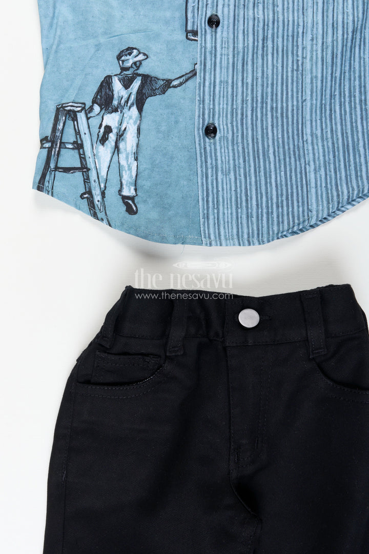 Boys printed cotton casual set with jeans-style trousers everyday smart wear