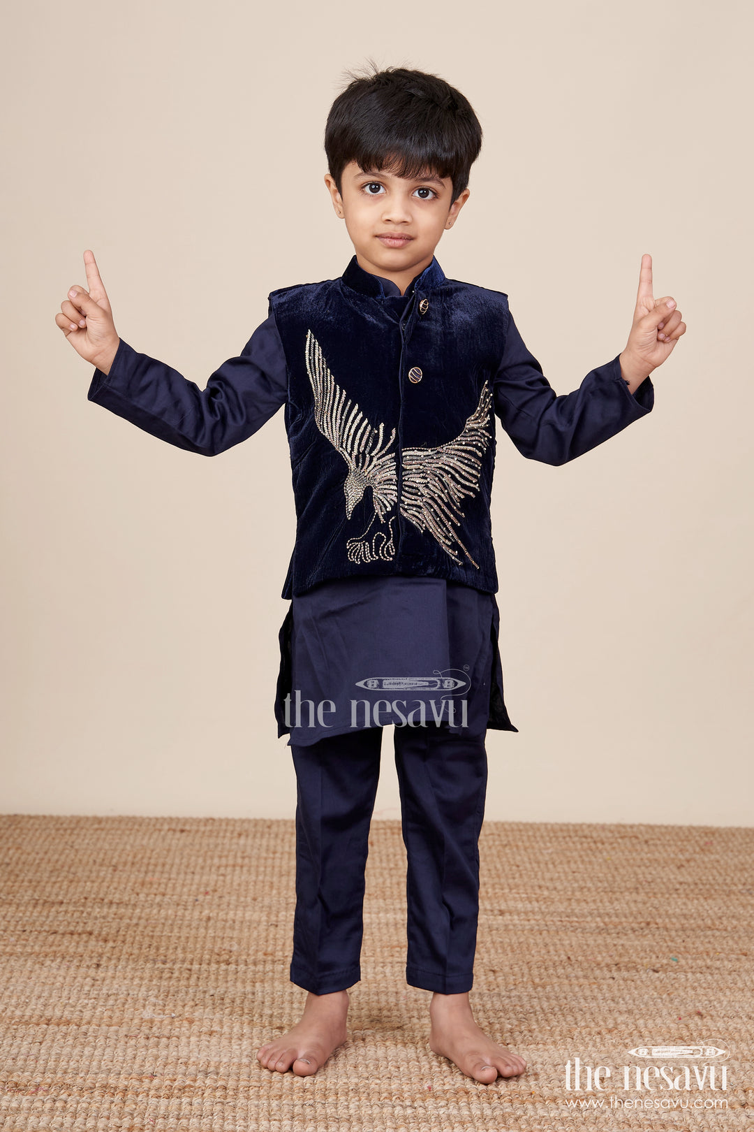 Boys Kurta Set with Embroidered Velvet Jacket for Festive Family Functions