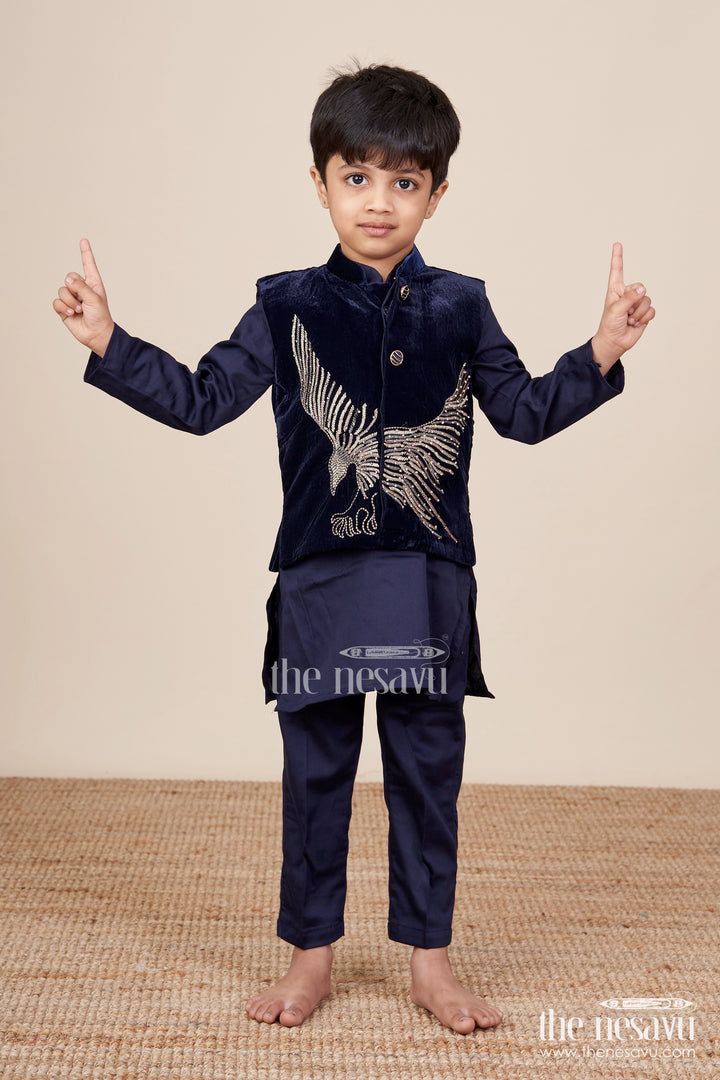 Boys Kurta Set with Embroidered Velvet Jacket for Festive Family Functions