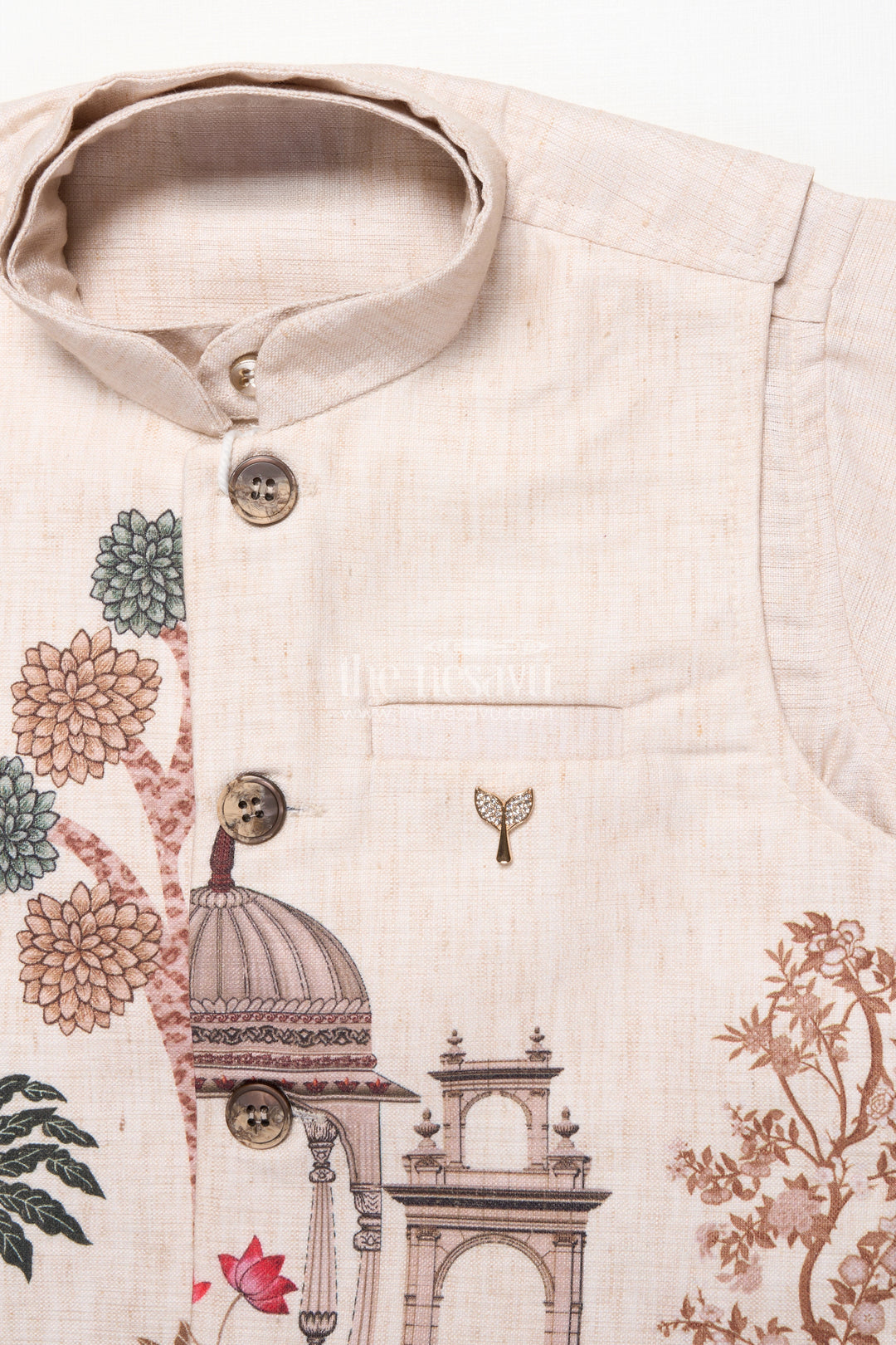 Boys Printed Kurta and Pant Set with Ethnic Jacket Style