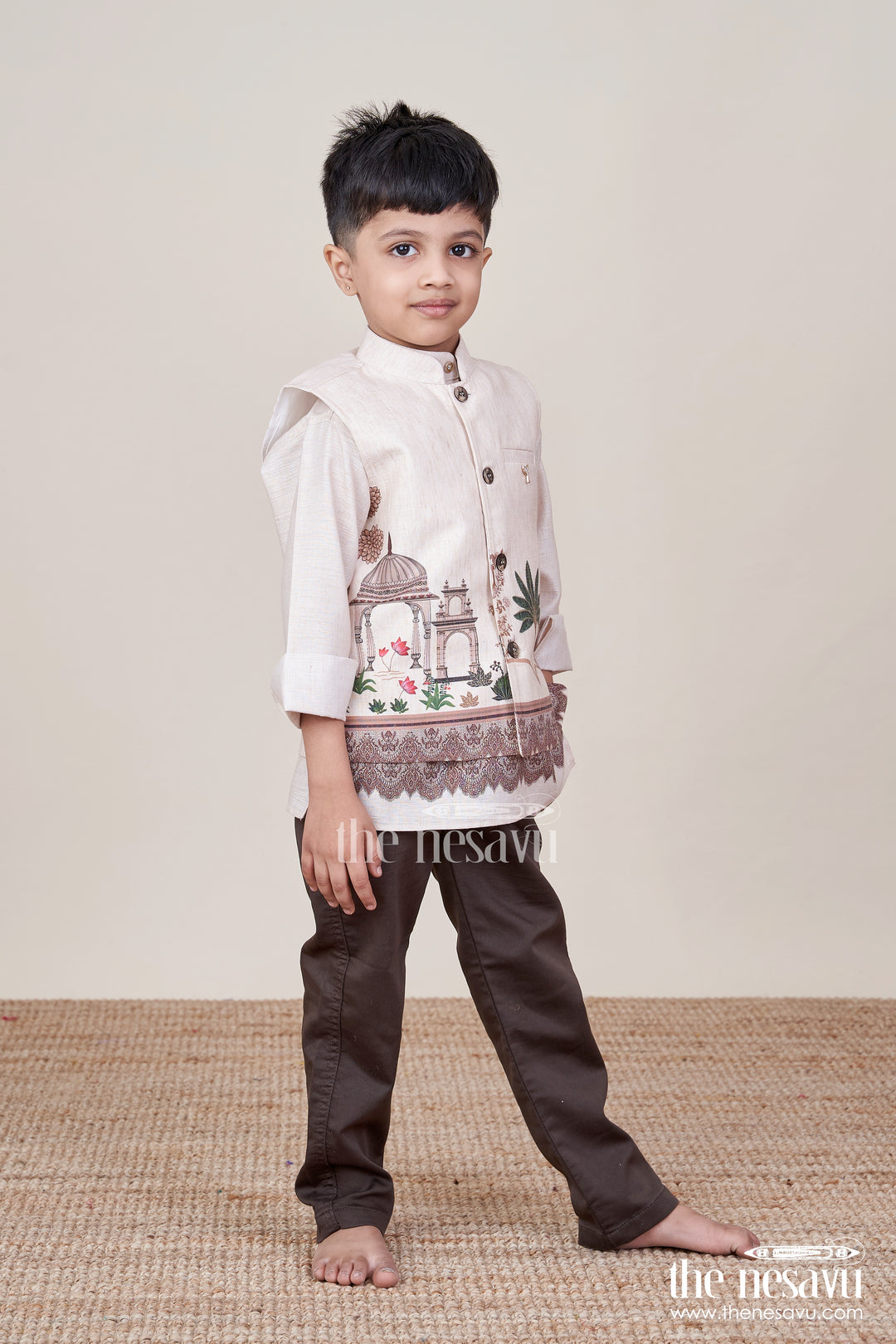Boys Printed Kurta and Pant Set with Ethnic Jacket Style