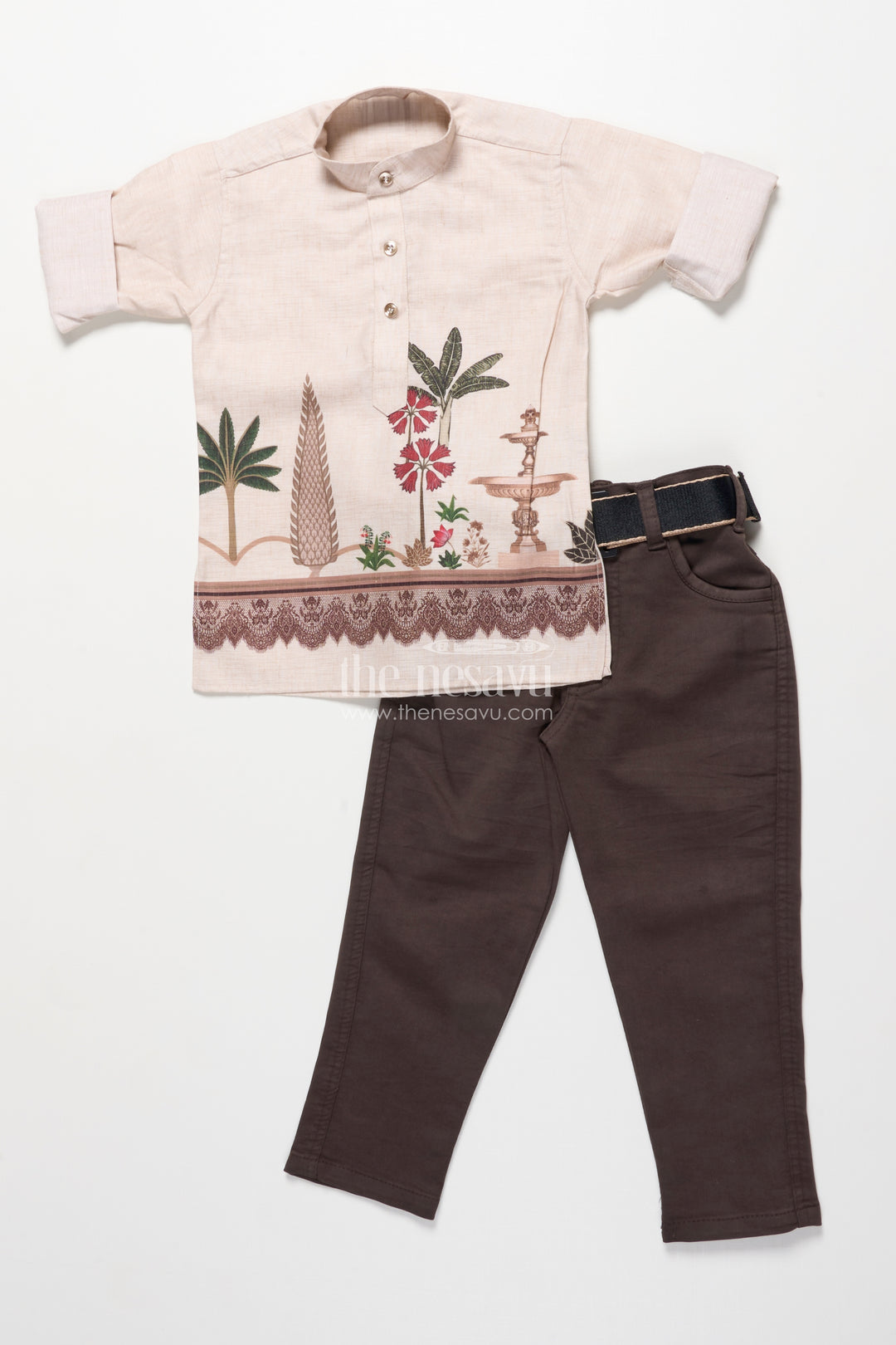 Boys Printed Kurta and Pant Set with Ethnic Jacket Style