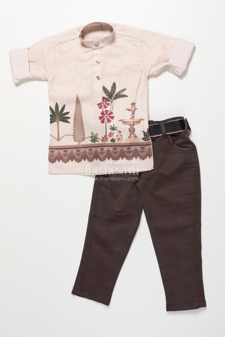 Boys Printed Kurta and Pant Set with Ethnic Jacket Style