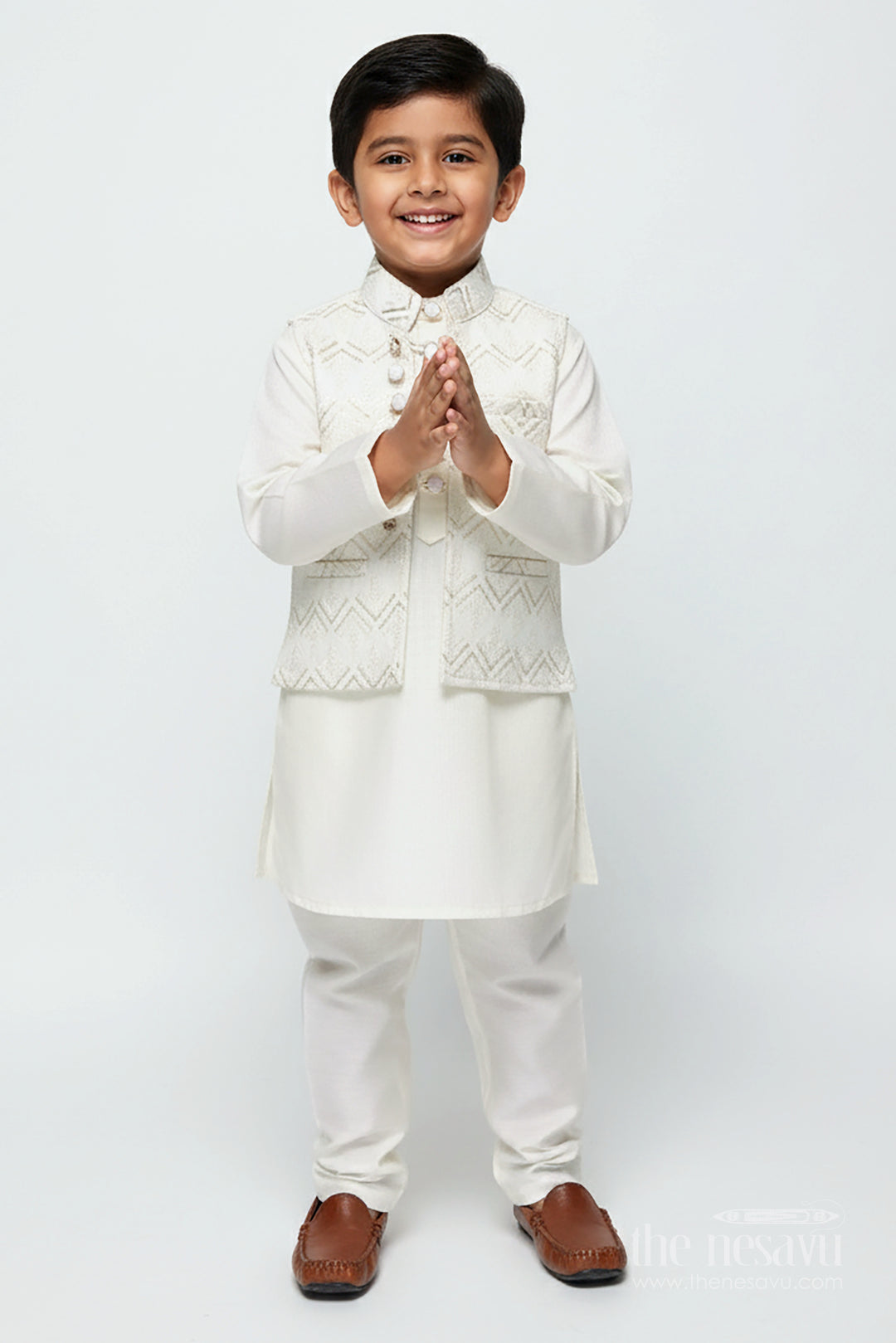 Boys Ethnic Jacket Set with Embroidered Nehru Vest for Poojas and Functions