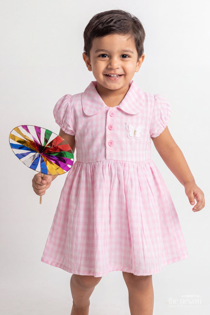 Baby Pink Gingham Butterfly Cotton Frock